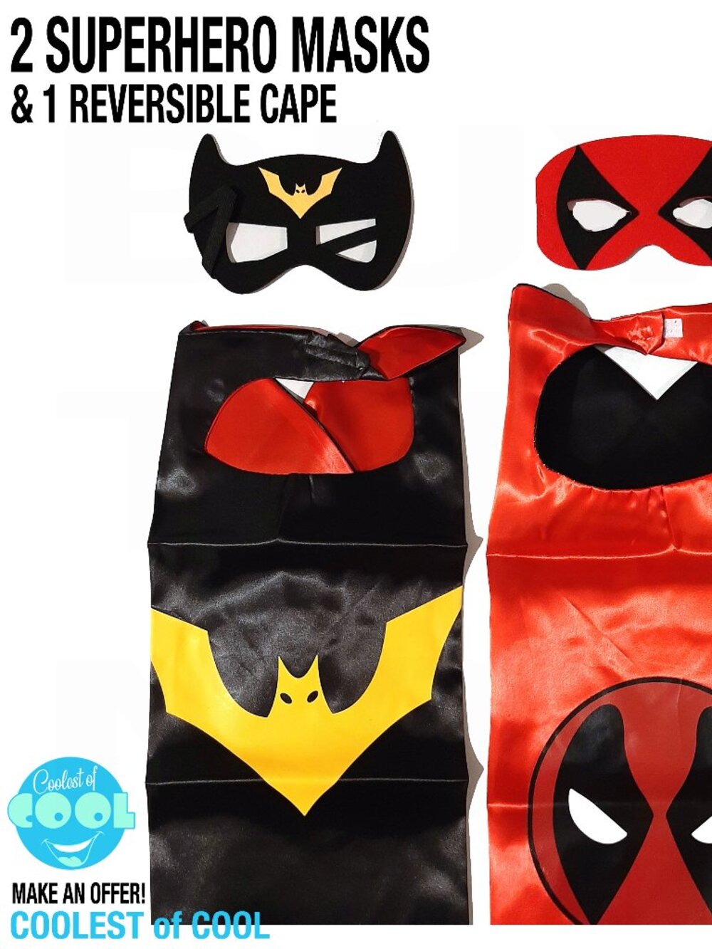 Childs Superhero mask set 1 reversible satin cape 2 Batman & Deadpool masks new